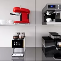 Modern Kitchen Appliances Featuring Red And Black Coffee Machines On Display Shelves