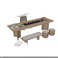 Modern Wooden Tea Table with Matching Chairs Stools Bench Tea Set and Potted Plant