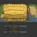 Traditional Cottage Architecture Featuring Straw Roof Wooden Structure Water Wheel And Stone Brick Base