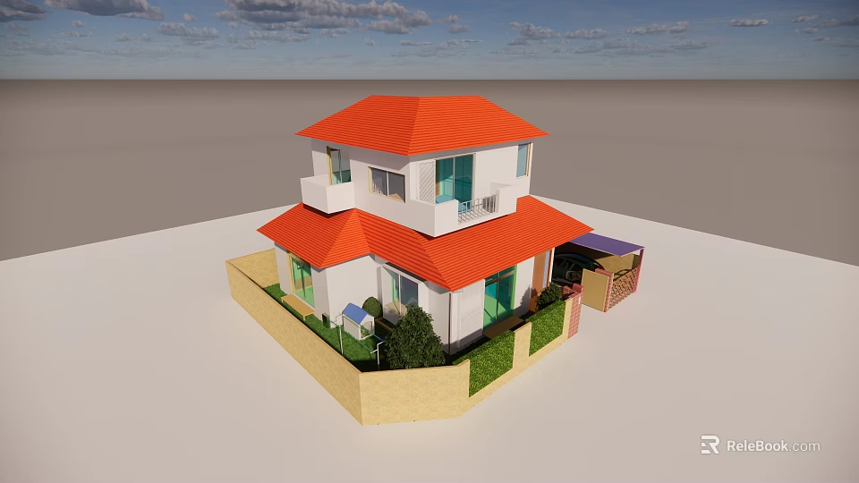 Two Story Detached House With Red Roof White Exterior Green Plants And Small Fence 3d model 