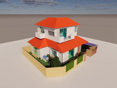 Two Story Detached House With Red Roof White Exterior Green Plants And Small Fence 3d model