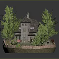 Cartoon Scene Featuring Small Gray House with Chimney Green Trees and Pink Flower Garden