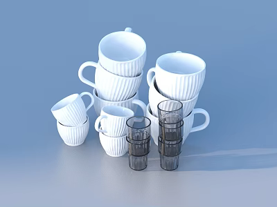 Stylish Tableware Set With Stacked White Cups And Black Glass Cups 3d model