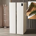 White Double Door Refrigerator Freezer In Modern Interior With Wooden Wall And Decorative Painting