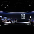 Modern Exhibition Hall Interior With Curved Lighting Display Cases And Musical Instruments