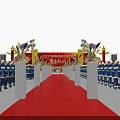 Traditional Event Venue Setup With Red Fences Balloon Columns Arch And Arranged Seats