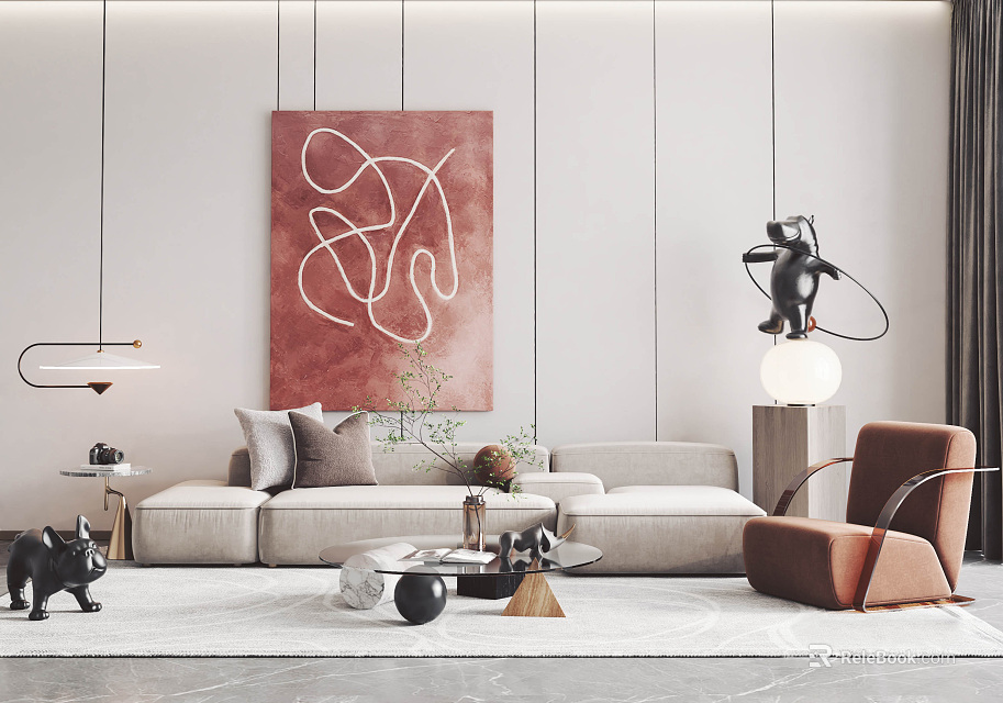 Modern Living Room Sofa And Coffee Table Set With Abstract Art Accent Chair And Lighting 3d model 