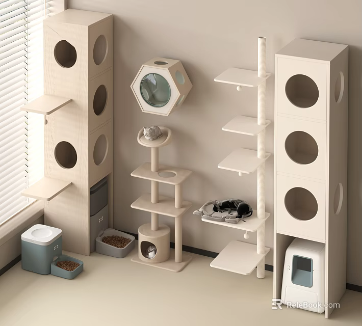 Cat Storage Shelving Units With Circular Openings Multi-Tiered Design And Cat Bed Near Litter Box 3d model 