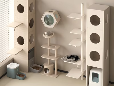 Cat Storage Shelving Units With Circular Openings Multi-Tiered Design And Cat Bed Near Litter Box 3d model