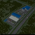 Aerial View Of Modern Industrial Plant With Blue Roofs Roads And Green Trees