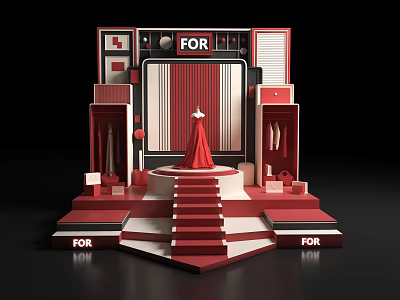 Stylish Fashion Display Scene With Red Dress On Central Platform And FOR Signage 3d model