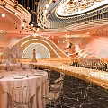Luxury Champagne Gold Wedding Banquet Hall With Romantic Decorative Lights And Elegant Dining Arrangement