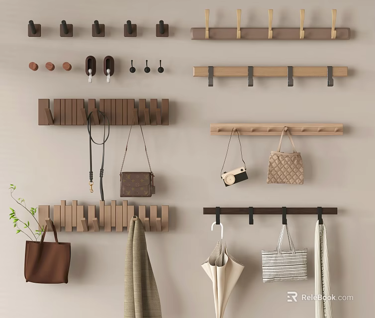 Practical Wall Mounted Wooden Hooks With Hanger Bars Holding Handbags Scarf And Umbrella 3d model 