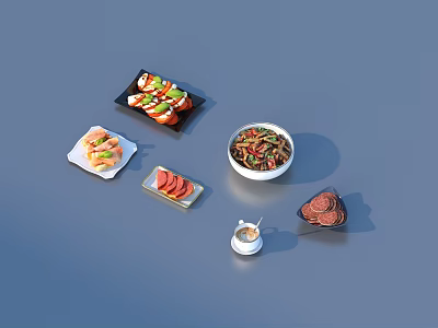 Delicious Assorted Food Plates With Sushi Sliced Meat Bowl of Noodles and Dessert 3d model