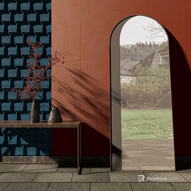 Arched Mirror with Blue Brick Wall Orange Wall Vase on Table and Outdoor Grass View 3d model 