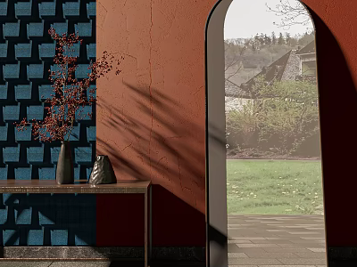 Arched Mirror with Blue Brick Wall Orange Wall Vase on Table and Outdoor Grass View 3d model