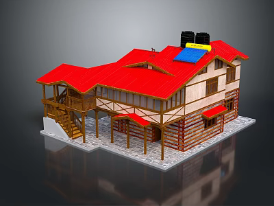 Cartoon Style Two Story House Scene With Red Roof Wooden Balcony And Staircase 3d model