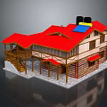 Cartoon Style Two Story House Scene With Red Roof Wooden Balcony And Staircase