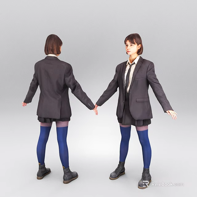 Short Hair Female Character In School Uniform With Blazer Skirt Blue Stockings Front Back View 3d model 