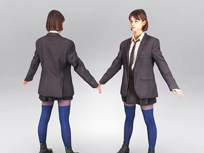Short Hair Female Character In School Uniform With Blazer Skirt Blue Stockings Front Back View 3d model