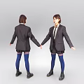 Short Hair Female Character In School Uniform With Blazer Skirt Blue Stockings Front Back View
