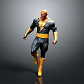 Muscular Superhero In Black Yellow Costume With Lightning Symbol On Chest Walking Against Gray Background