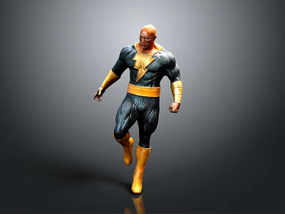 Muscular Superhero In Black Yellow Costume With Lightning Symbol On Chest Walking Against Gray Background 3d model
