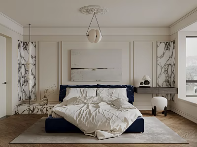 Modern Bedroom Interior Design With Large Bed Decorative Painting Area Rug And Pendant Lighting 3d model