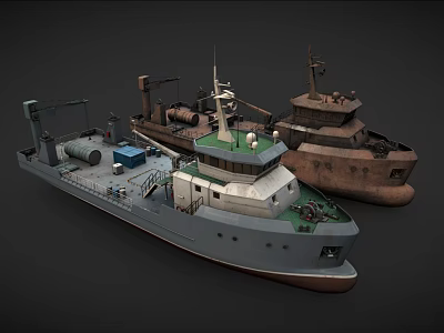 Three Different Types of Ships 3D Model with Gray Brown Hulls and Deck Equipment 3d model
