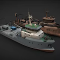 Three Different Types of Ships 3D Model with Gray Brown Hulls and Deck Equipment
