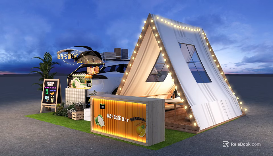 Cozy Glamping Setup With White Tent String Lights Vehicle Kiosk Green Plants And Evening Sky 3d model 