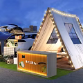 Cozy Glamping Setup With White Tent String Lights Vehicle Kiosk Green Plants And Evening Sky