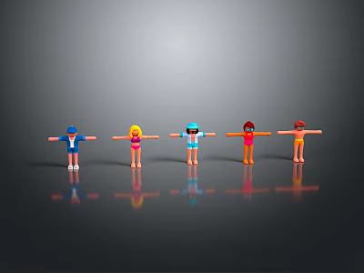 Colorful Character Figurines Standing With Arms Outstretched On Gray Background With Reflections 3d model