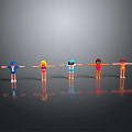Colorful Character Figurines Standing With Arms Outstretched On Gray Background With Reflections