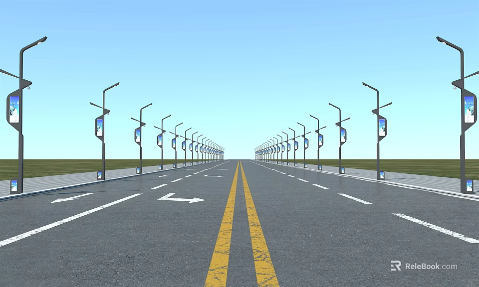 Outdoor Lights Neatly Arranged Along Both Sides of the Wide Urban Road with Pole Signs 3d model 