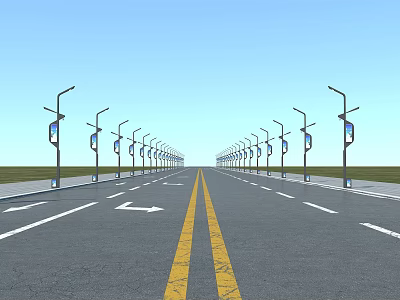 Outdoor Lights Neatly Arranged Along Both Sides of the Wide Urban Road with Pole Signs 3d model