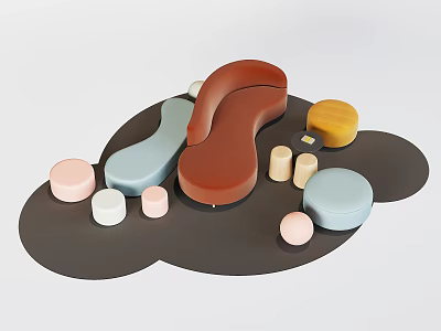 Irregular Shaped Sofa With Modern Design Colorful Round Stools And Soft Cushions 3d model