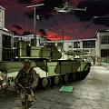 Military Soldiers On Urban Street With Buildings Helicopter Red Sky And GARAGE Sign
