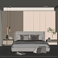 Modern Bedroom Interior With Large Bed Pillows Nightstands Hanging Lights And Potted Plant