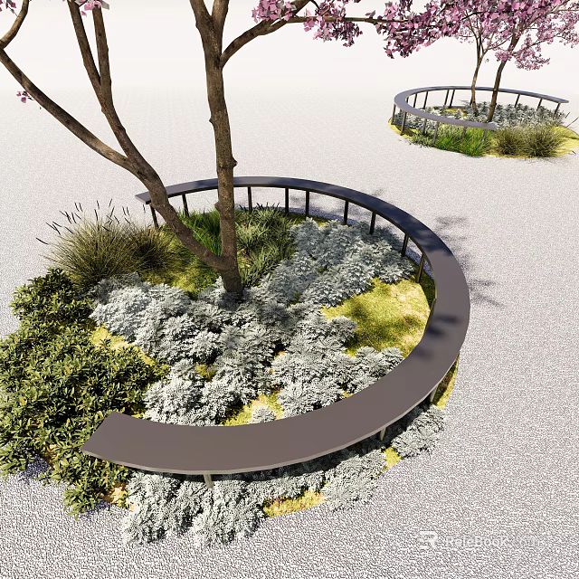 Beautiful Flowers and Plants in Landscaped Area with Curved Railings and Trees 3d model 