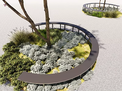 Beautiful Flowers and Plants in Landscaped Area with Curved Railings and Trees 3d model