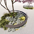 Beautiful Flowers and Plants in Landscaped Area with Curved Railings and Trees
