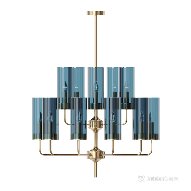 Elegant Modern Blue Glass Chandelier With Brass Frame And Cylindrical Shades 3d model 