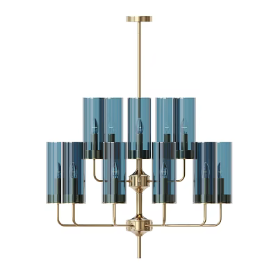 Elegant Modern Blue Glass Chandelier With Brass Frame And Cylindrical Shades 3d model