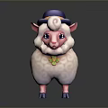 Cute Cartoon Sheep With White Wool Blue Hat Yellow Band And Green Bowtie