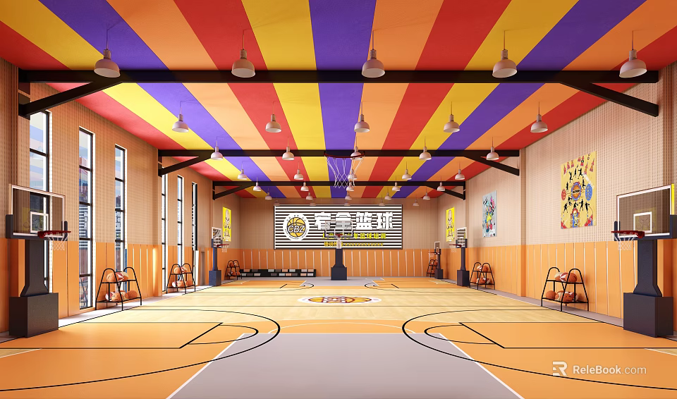 Basketball Gym Interior Design With Colorful Ceiling Lighting Wooden Court And Basketball Hoops 3d model 