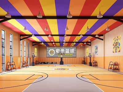 Basketball Gym Interior Design With Colorful Ceiling Lighting Wooden Court And Basketball Hoops 3d model