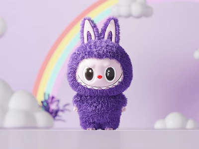 Cute Purple Plush Toy With Rabbit Ears Big Eyes And Rainbow Clouds On Purple Background 3d model