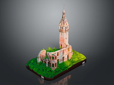 Cartoon Scene Featuring Ruined Clock Tower With Green Grass Mossy Windows And Spire 3d model