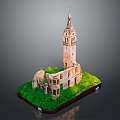 Cartoon Scene Featuring Ruined Clock Tower With Green Grass Mossy Windows And Spire